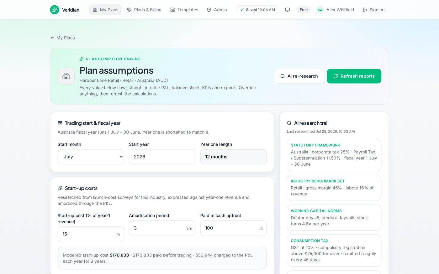 Auziplan assumptions page listing benchmarked margin, payroll and tax inputs